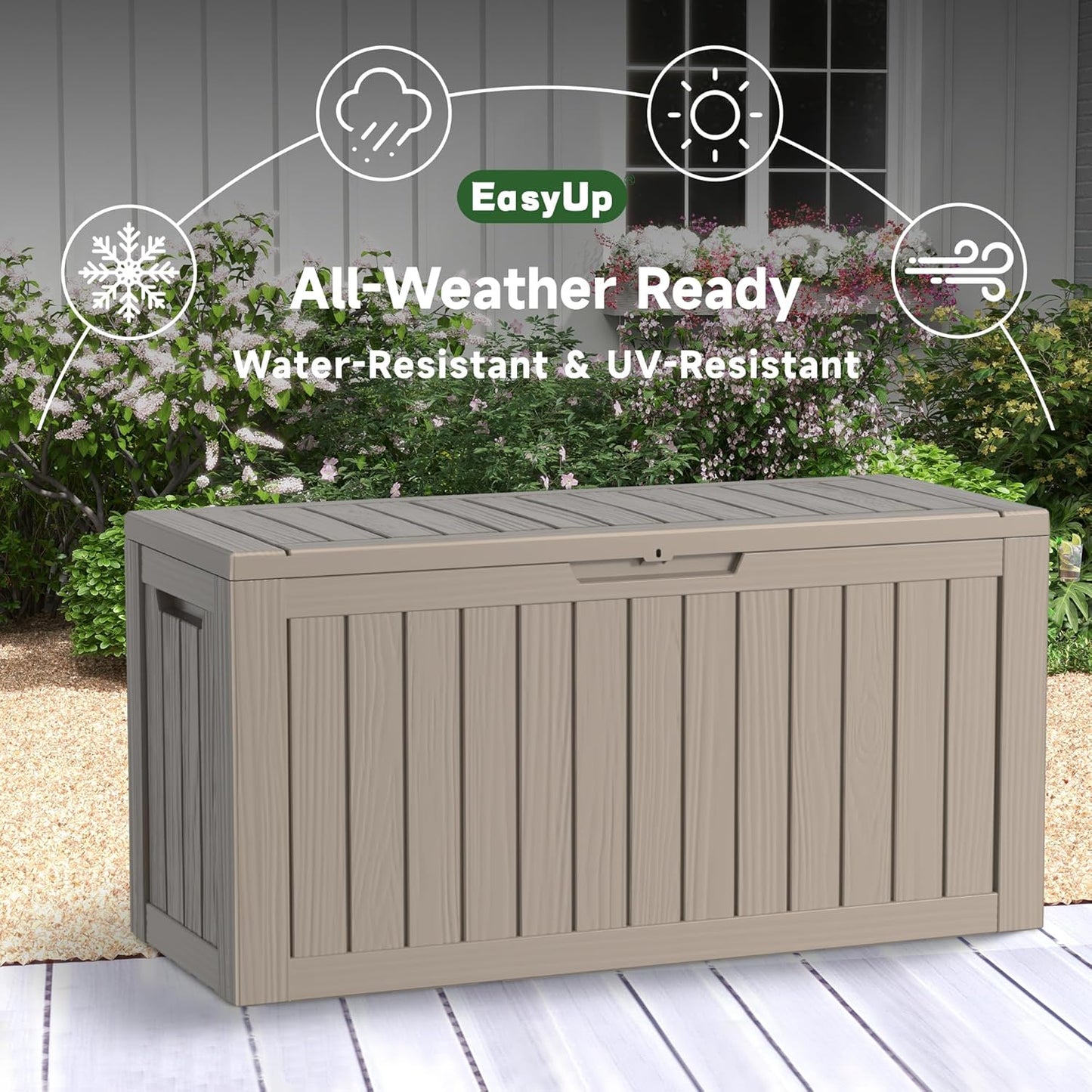80 Gallon Outdoor Storage Box Waterproof, UV Resistant Resin Deck Box with Hydraulic Rod, Reinforced Stability for Patio, Garden, Striped Gray