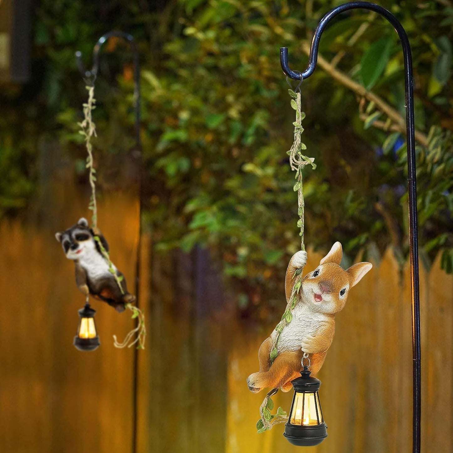 Joliyoou Solar Light Outdoor Statues, 6.9" H Resin Rabbit Climbing On A 23.6" L Vine with LED Lantern, Waterproof Hanging Bunny Figurine with Hook for Easter Yard Garden Wall Balcony Tree Decoration