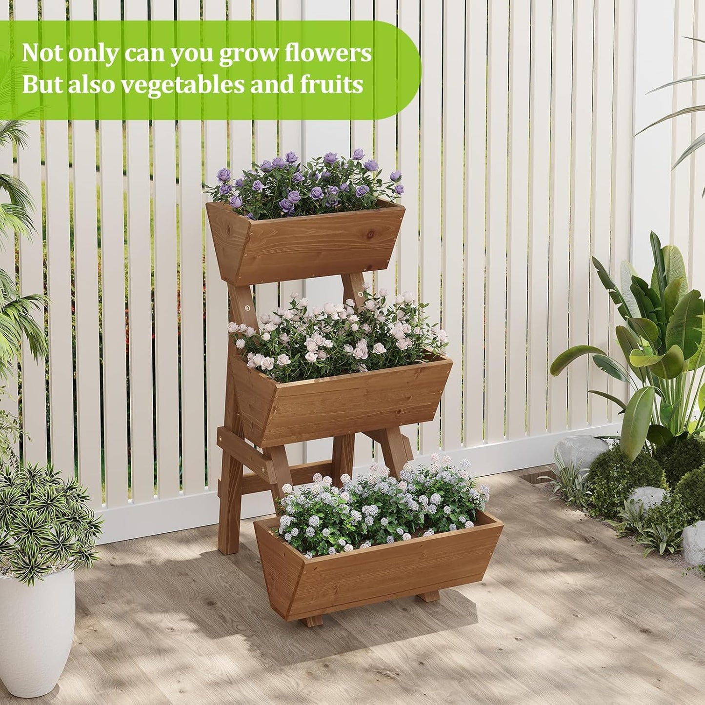 3-Tiers Wooden Raised Garden Bed Tiered Planter Box Vertical Garden Planter Wood Plant Stand for Patio, Balcony, Freestanding. (Brown S)