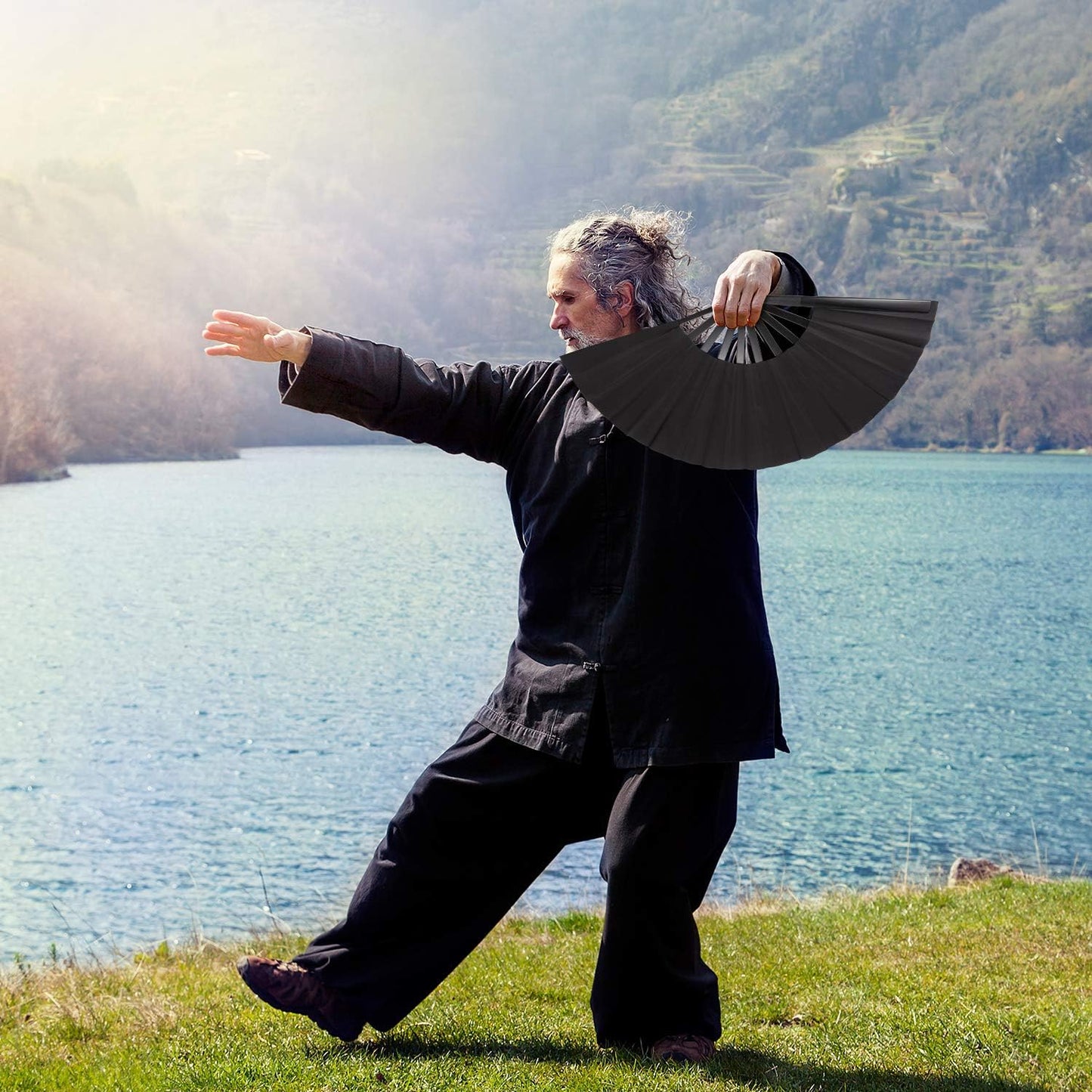 Maitys 2 Packs Large Clap Fans for Line Dancing Large Chinese Folding Hand Fans for Men and Women, Festival, Tai Ji, Kungfu, Martial Art, Gifts (Black)