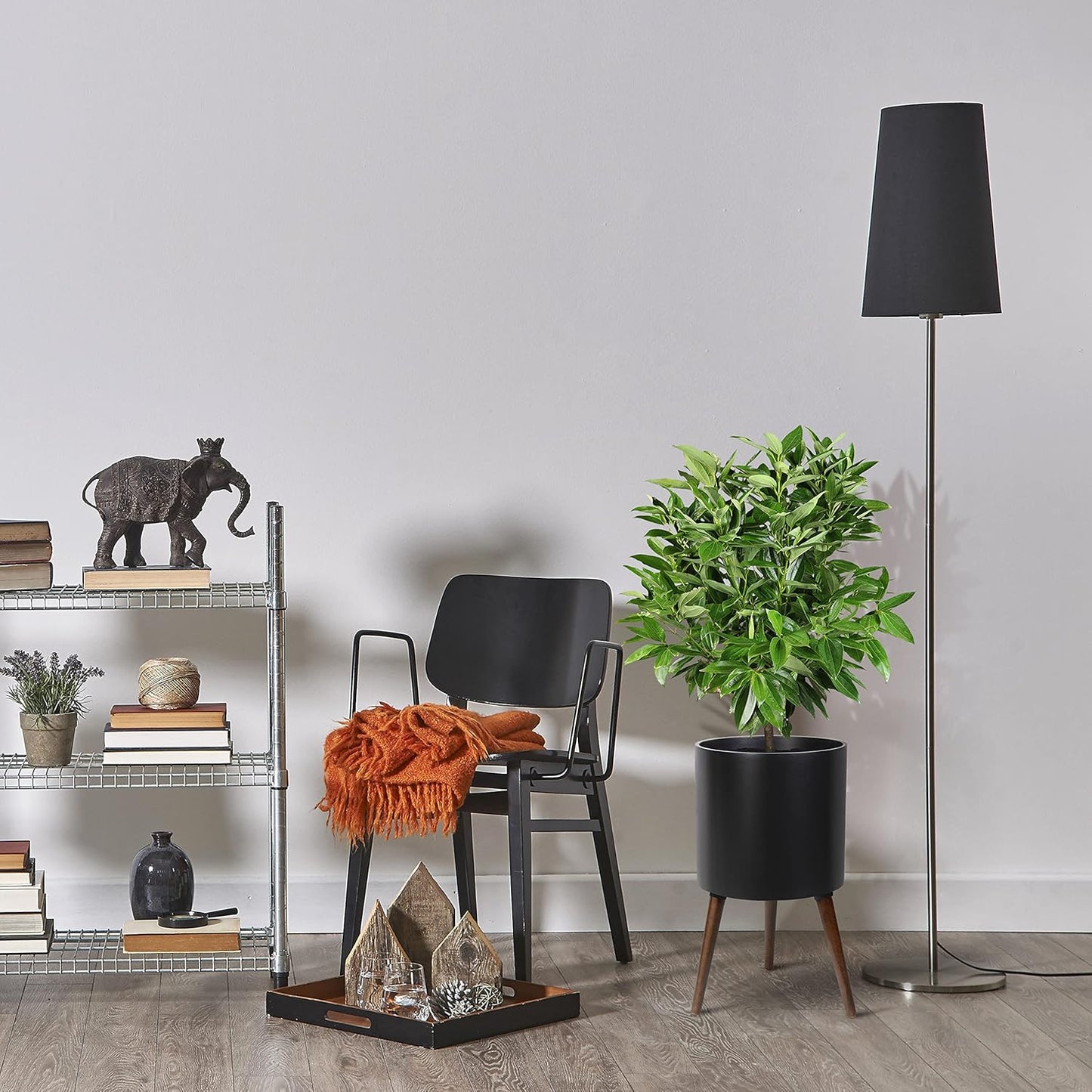 D'vine Dev 12 Inch Planter Pot with Stand, Mid-Century Tall Plant Pot with Legs for Indoor Plants, Large, Black, 88-O-C-2