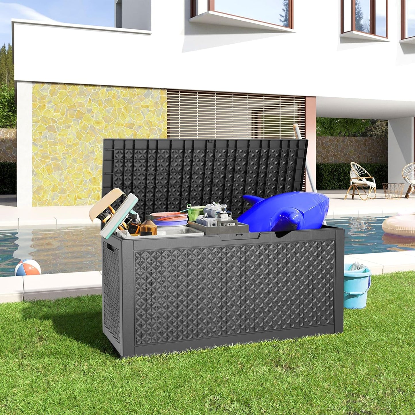 100 Gallon Waterproof Outdoor Storage Box,Resin Deck Box,Lockable Outside Storage Box Container for Patio Furniure,Garden,Pool Tools (100 Gallon,Black pattern)