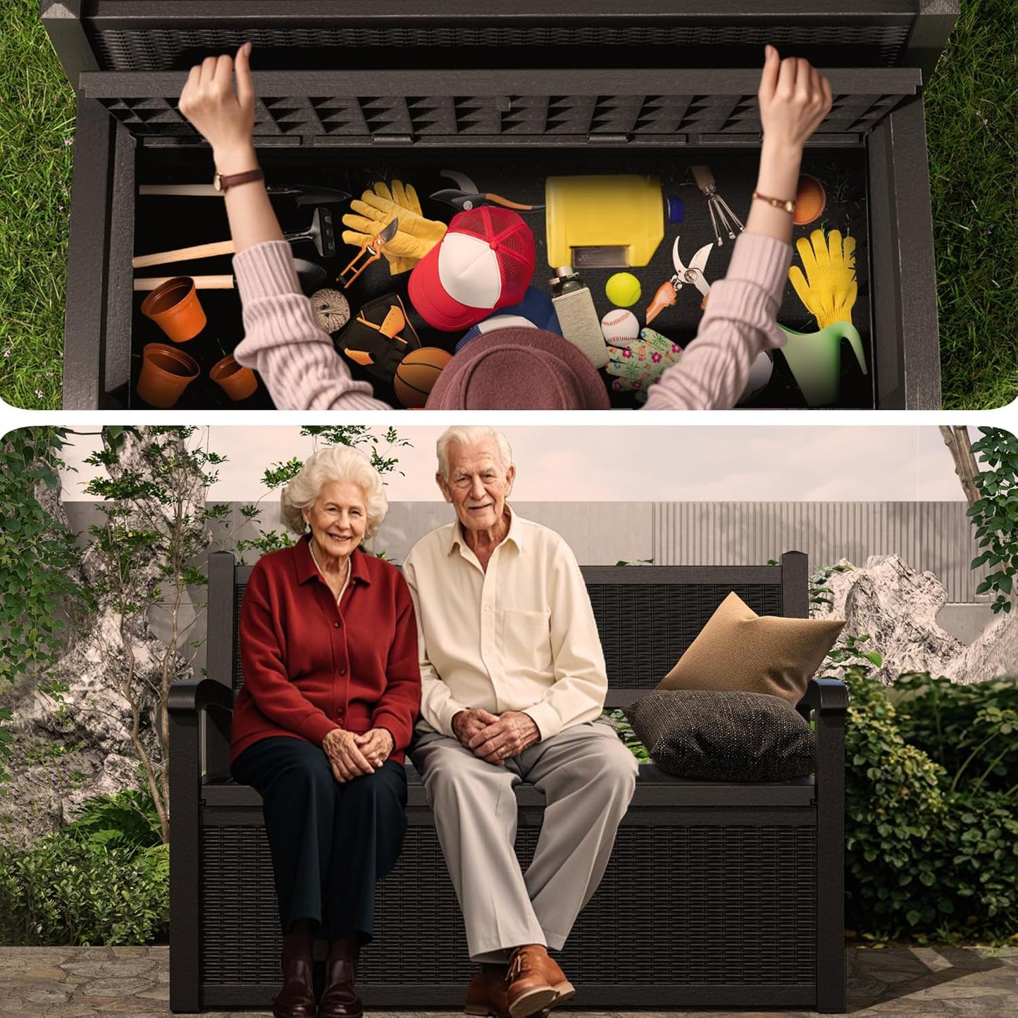 80 Gallon Outdoor Storage Bench Deck Box Waterproof Lockable,Outdoor Storage Furniture for Patio,Garden and Porch,Tools and Cushions(Black)