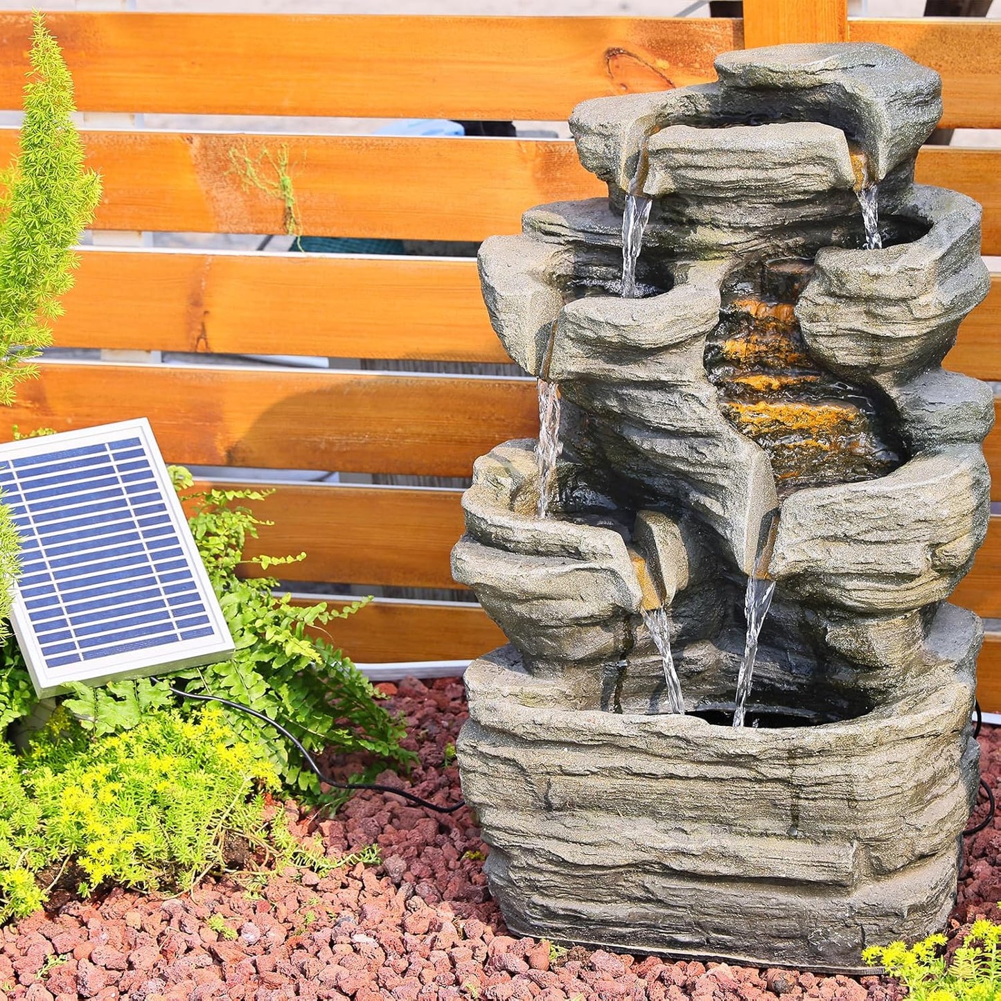 6 Tier Cascading Rock Solar Water Fountain Outdoor Garden Waterfall Decor for Garden, Patio, Backyard, Deck, Porch and Home Art Decor,24.4" H Outdoor Fountain with LED Lights