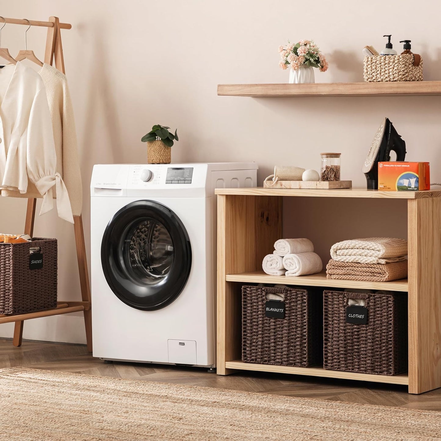 UBBCARE 2 Pack Wicker Basket, 12×12 Storage Cubes with Label, Foldable Cube Storage Bin with Handle, Square Storage Basket for Shelves, Woven Paper Rope Basket for Organizing, Brown