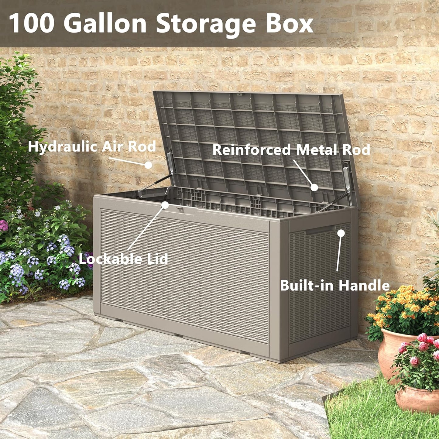 100 Gallon Deck Box Lockable Resin Outdoor Storage Box waterproof Outdoor Container for Patio Furniture Cushions, Pillow