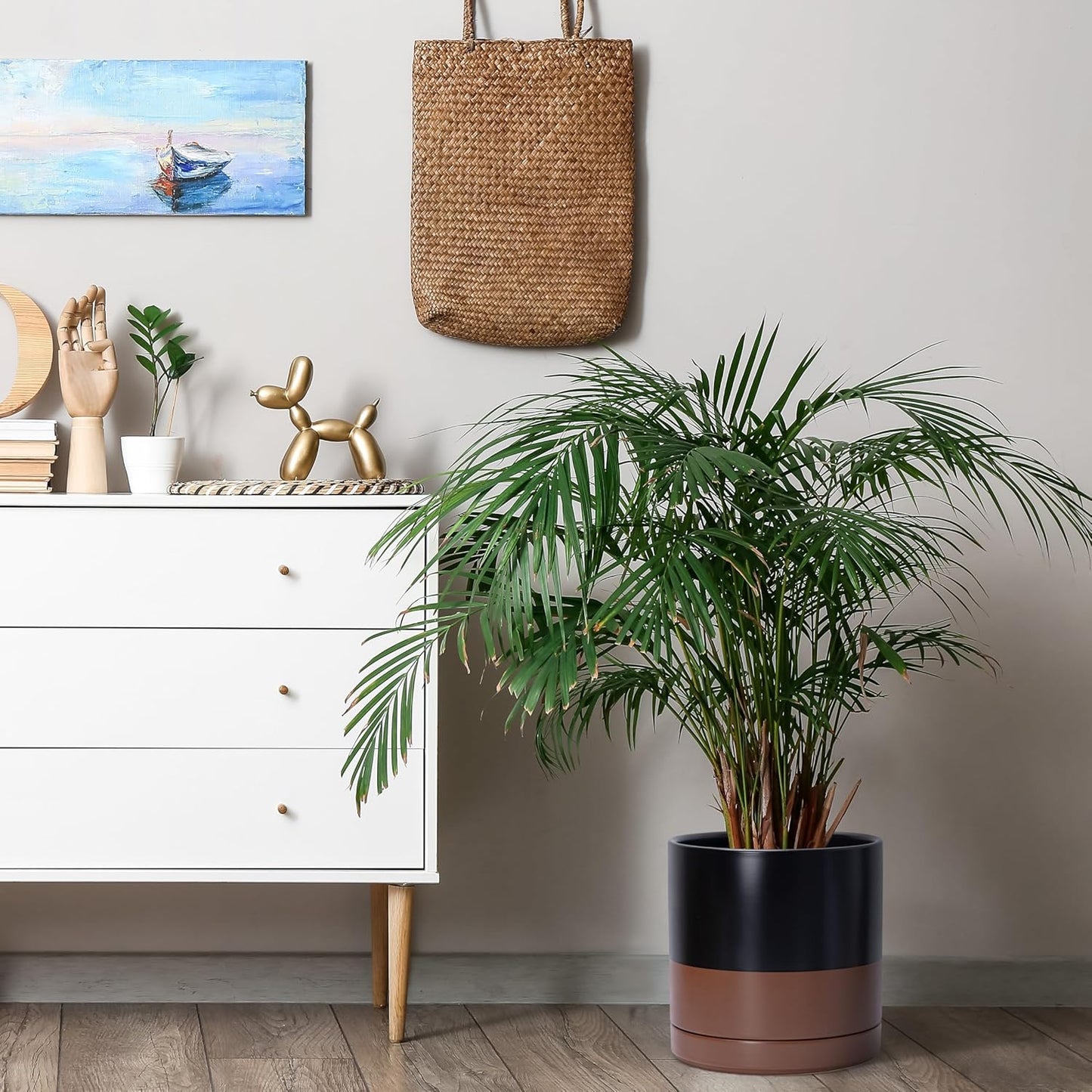 D'vine Dev 10 Inch, Ceramic Planter Pot with Drainage Hole and Saucer, Indoor Cylinder Round Planter Pot, Black/Speckled Tan, 94-O-E-7