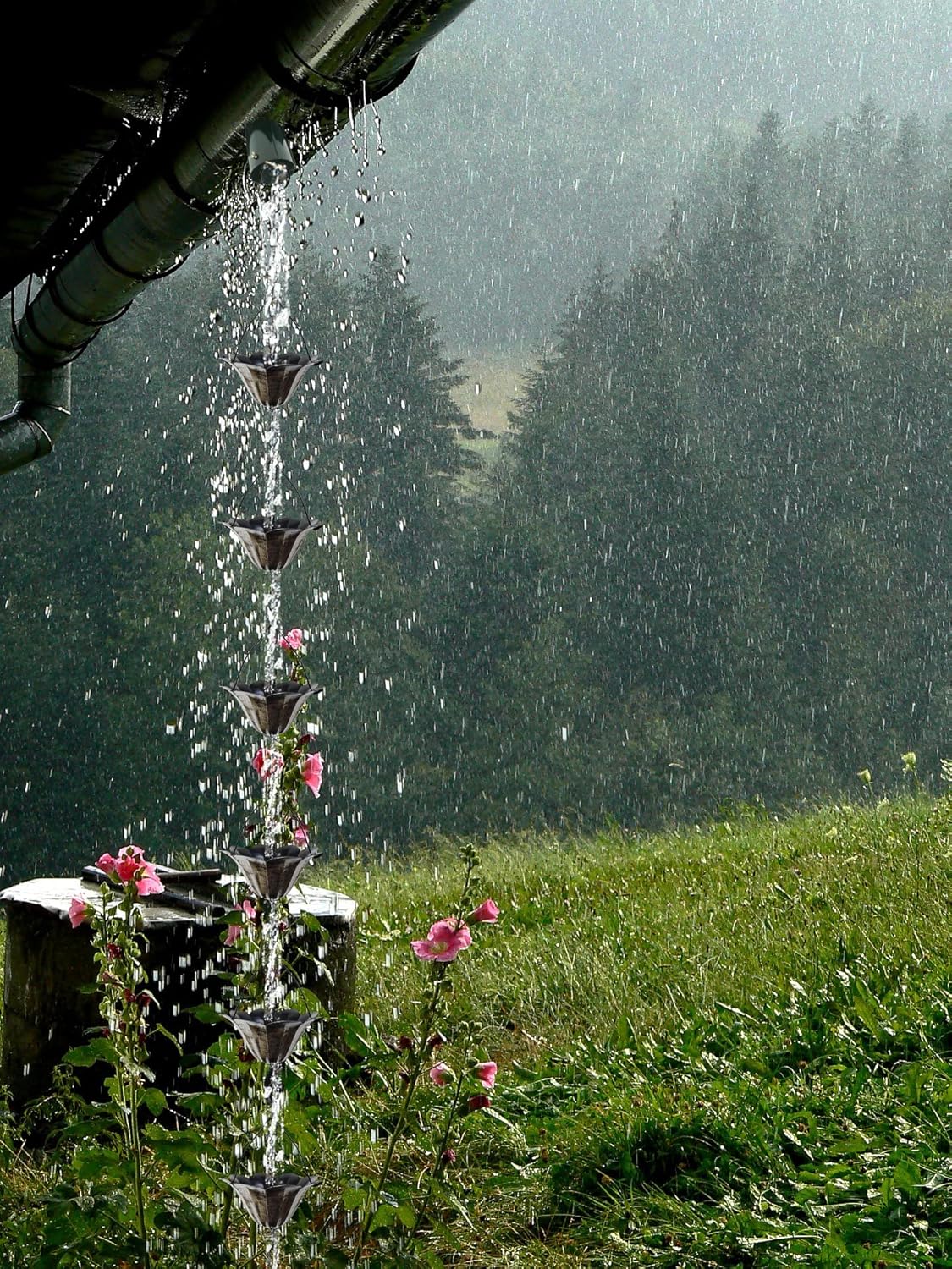 8.5FT Lotus Antique Silver Color Iron Rain Chains for Gutter and Rain Barrel, Rust-Resistant Plated Garden Décor Rain Chain for Downspout, Bonus Rain Chain Gutter Adapter