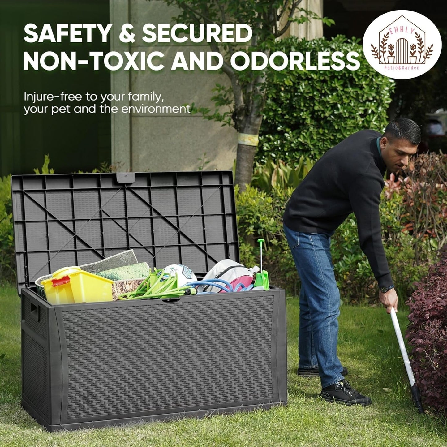 121 Gallon Outdoor Storage Box Large, Lockable Outside Storage Containers Waterproof Patio Cushions Deck Boxes, Rattan Plastic Garden Hose Boxes Resin Pool Storage Bins, Grey