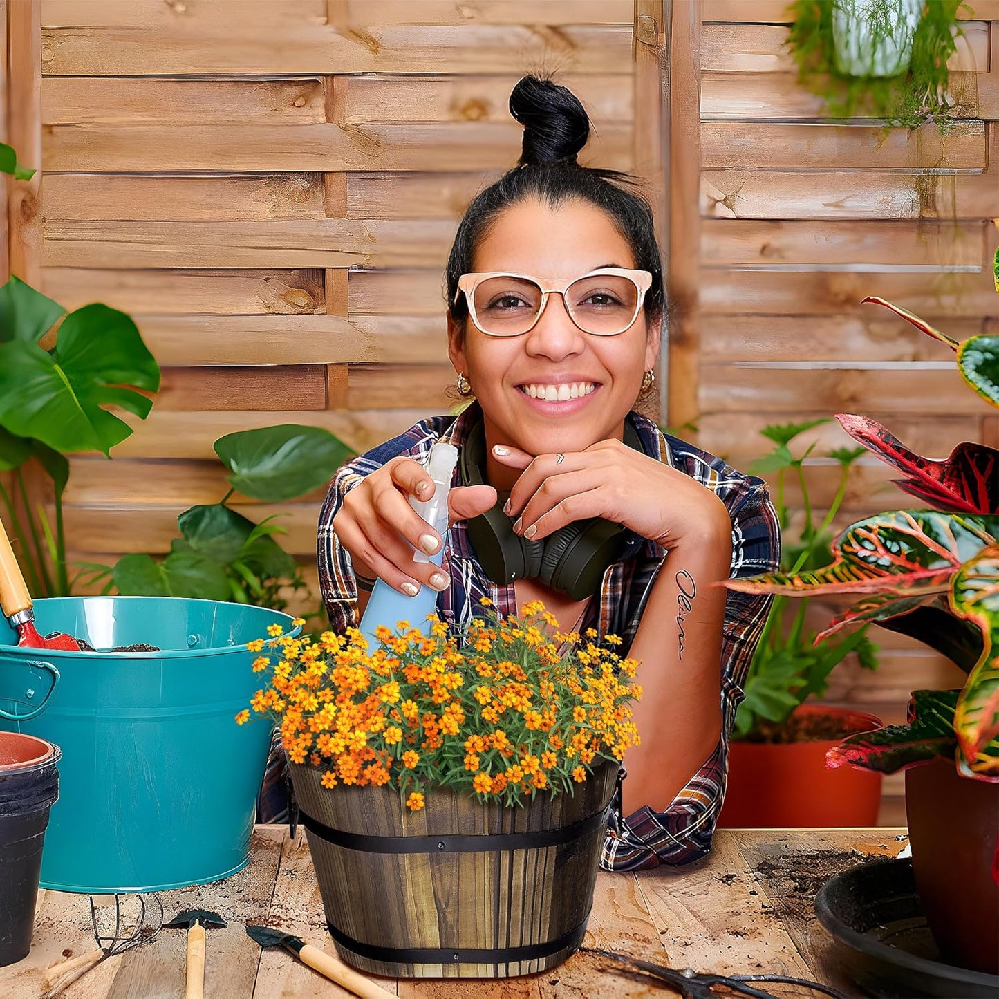Adnee 3 Pcs Wooden Whiskey Barrel Planters - 3 Sizes Wooden Bucket Barrel Garden Planters Set - Rustic Flower Planters Pots Container for Indoor Outdoor Garden Home Plants(5.3",7.3",8.3")