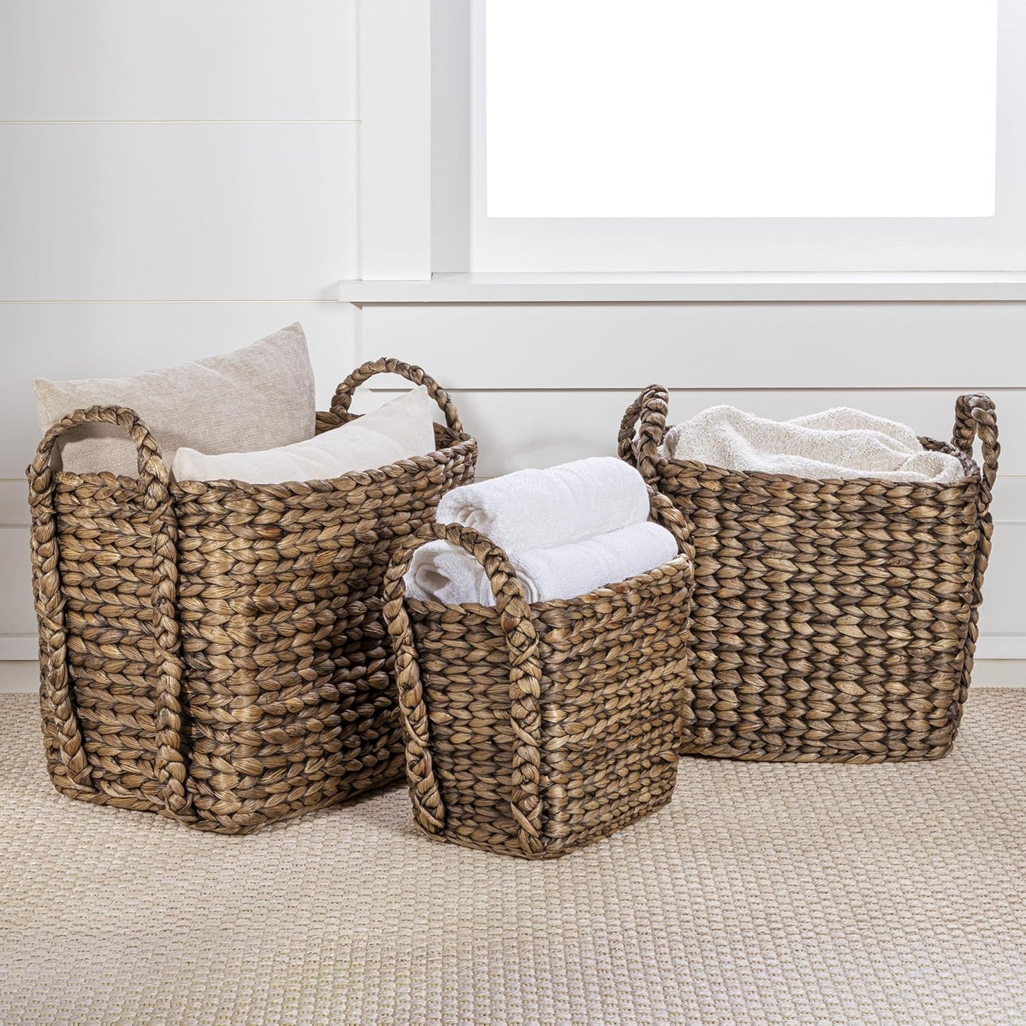 happimess BSK2001B-3SET Clara Farmhouse Classic Handwoven Hyacinth Rectangle Floor Wicker Storage Baskets with Handles, Brown (Set of 3), Seagrass Containers for Decoration in Living Room, Bedroom
