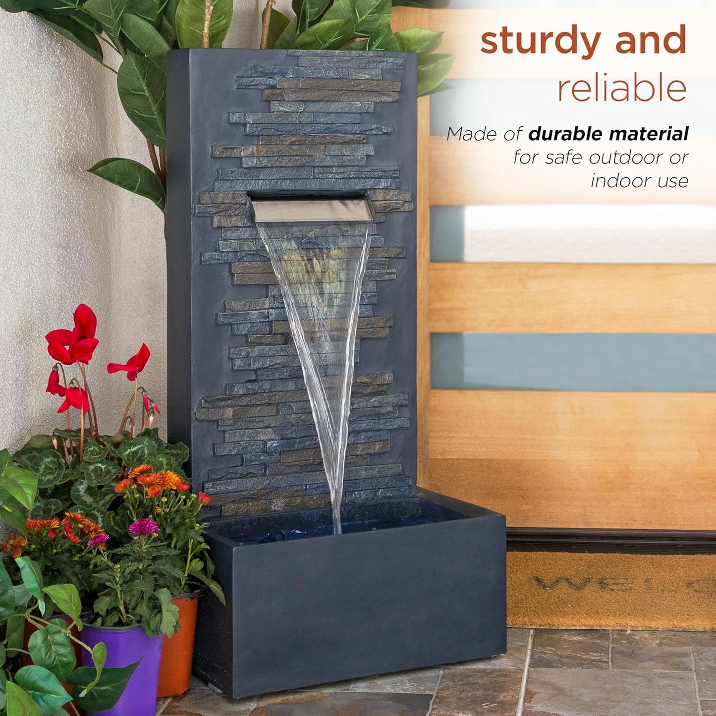 Alpine Corporation 32" Cascading Stone Wall Fountain with LED Lights – Outdoor Water Feature for Garden, Patio, Backyard & Home Decor, Gray