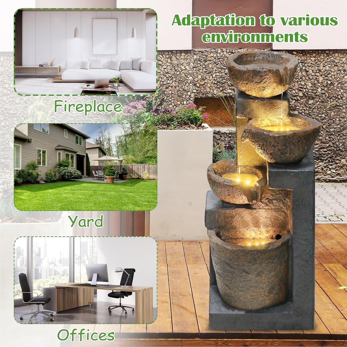 4-Tiers Cascading Bowls Outdoor Water Fountain with LED Light, Standing Cascading Water Feature, Faux Stacked Stones Waterfalls Fountains Decor for Garden Patio Yard and Lawn (Beige)