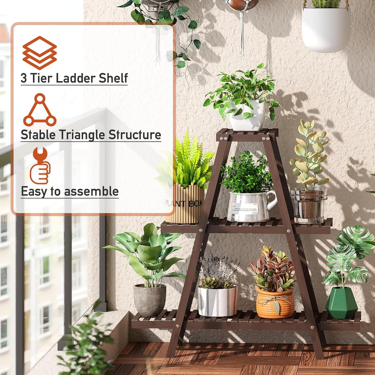 Plant Stand Indoor Plant Shelf Outdoor bamboo Plant Rack, 3 Tiers Ladder Plant Holder Flower Stand for Living Room Balcony Garden Patio,Living Room Boho Home Decor for Gardening Gifts (Brown)