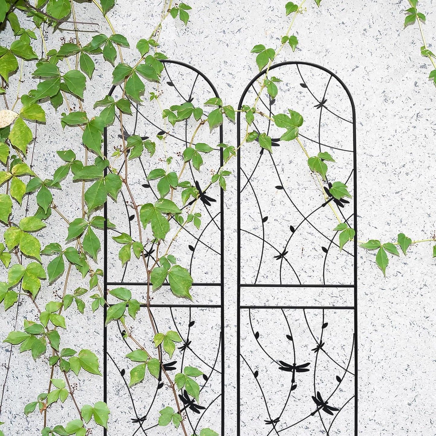 4 Pack Metal Garden Trellis 86.7" Tall Outdoor Climbing Plant Support for Roses, Flowers, Rustproof Durable Black Galvanized Tube, Lawn Garden Fence Decor Screen (4, Black dragonflies-86.7" H)