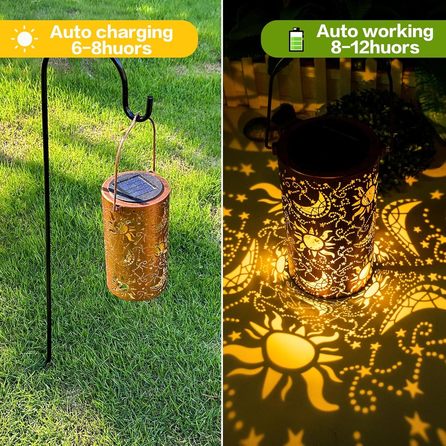Solar Lanterns Outdoor Hanging Lantern Lights,Sun Moon Metal Decor Lanterns-Waterproof LED Decorative Light for Garden Patio Yard Lawn Backyard Front Porch as Gifts for Mom Grandma Women