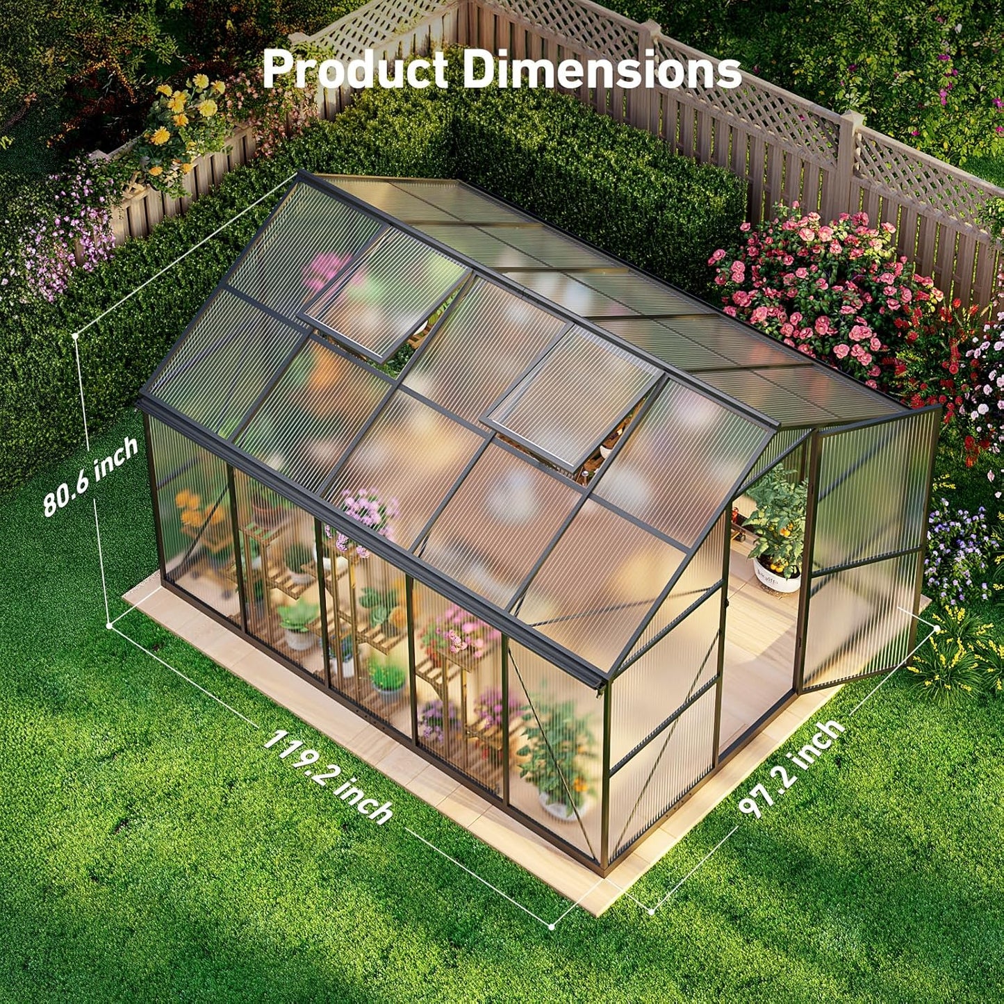 8x10FT Greenhouses for Outdoors, Polycarbonate Green House with UV Protection, Heavy Duty Greenhouse with Windproof Aluminum Frame, Roof Vent & Quick-Install Design for Backyard or Garden Use