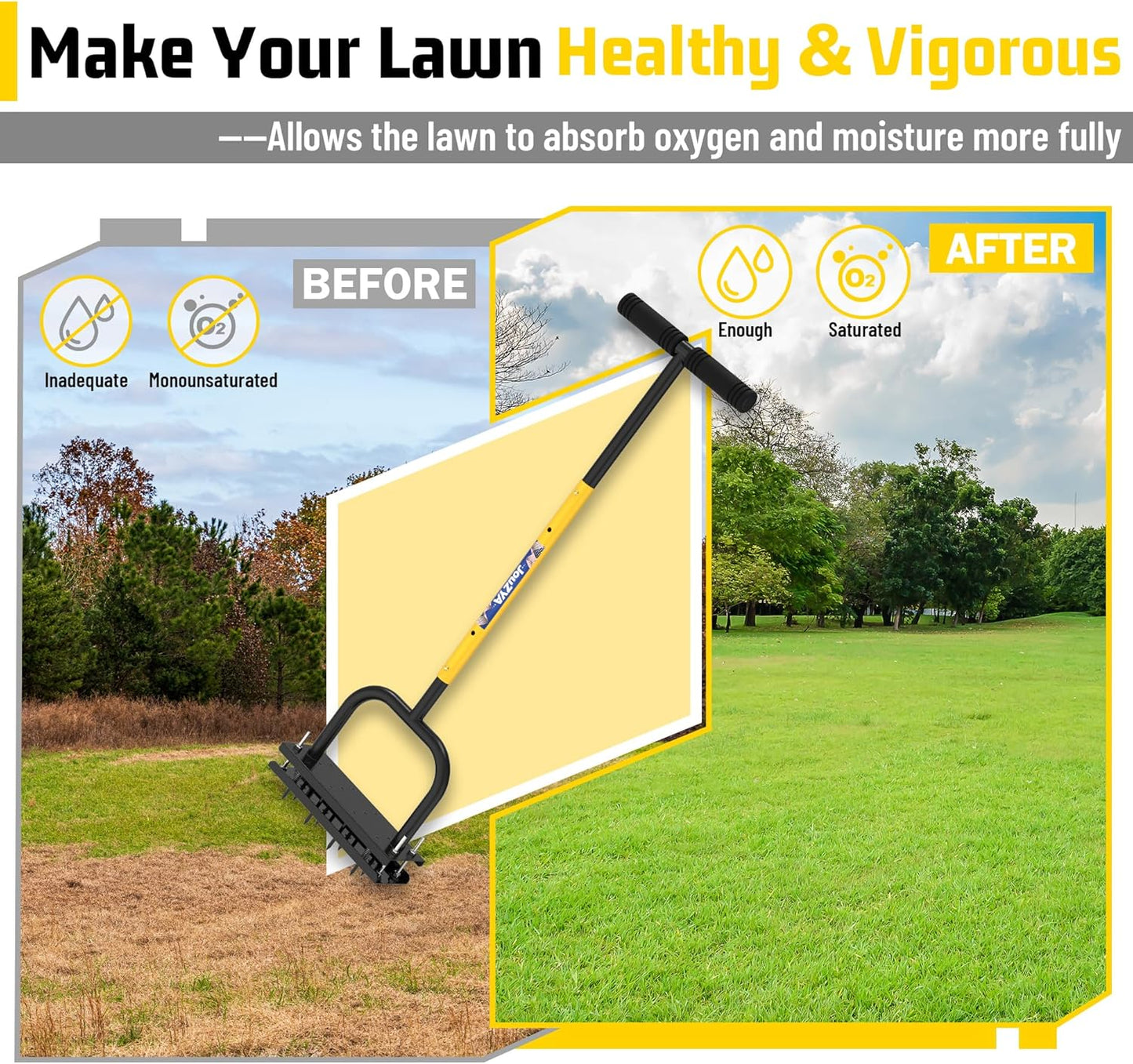 Lawn Aerator Tool, Lawn Aerator with 12 Spikes, Automatic Leaf and Dirt Cleaning with Spring-Loaded Design, Metal Manual Aerator for Loosening Soil Aerating Patio, Yard, Garden