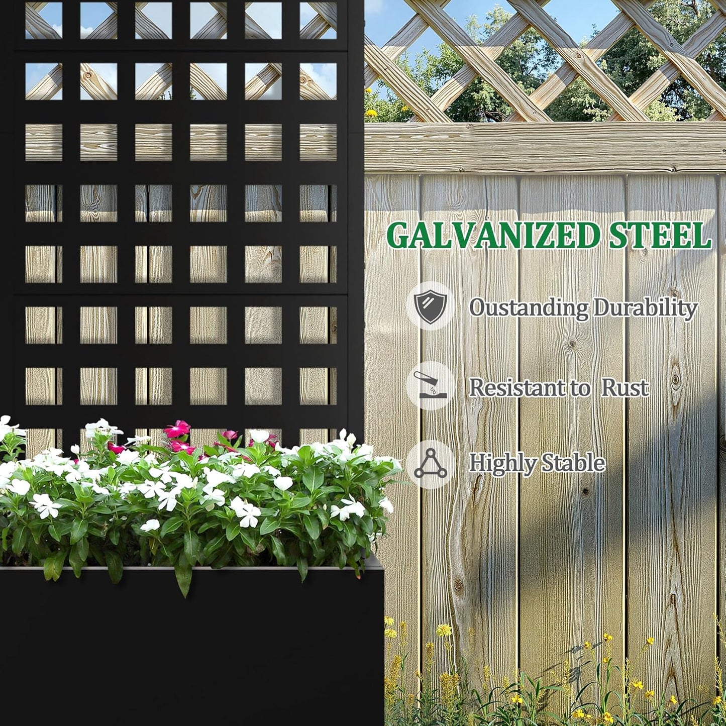 Metal Raised Garden Bed with Trellis, 2 in 1 Trellis with Planter Box & Privacy Screen for Climbing Plants, Vine, Outdoor Standing Flower Beds with Drainage Holes, 23.6"L x 11.8"W x 63"H, Black