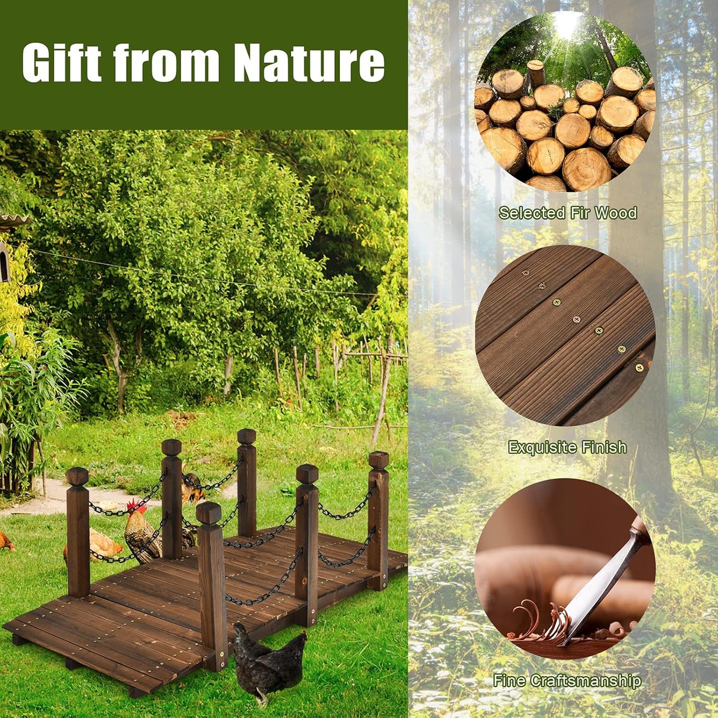 Giantex 5 FT Wooden Garden Bridge, Stained Wood Arc Footbridge with Chain Railings for Backyard Creek Farm, Decorative Pond Bridge, Easy to Assemble, 400 lbs Capacity (Brown)