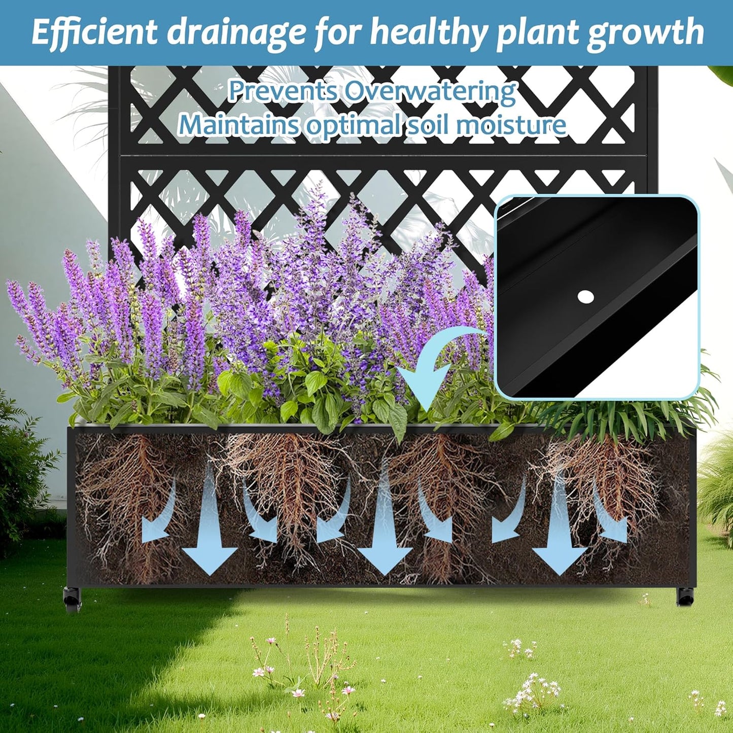 Metal Planter Box with Trellis & Wheels, Raised Garden Bed with Privacy Screen, Outdoor Standing Flower Beds with Drainage Hole for Climbing Plants, Vine, 47.2''L×15.7''W×70.9''H, Black
