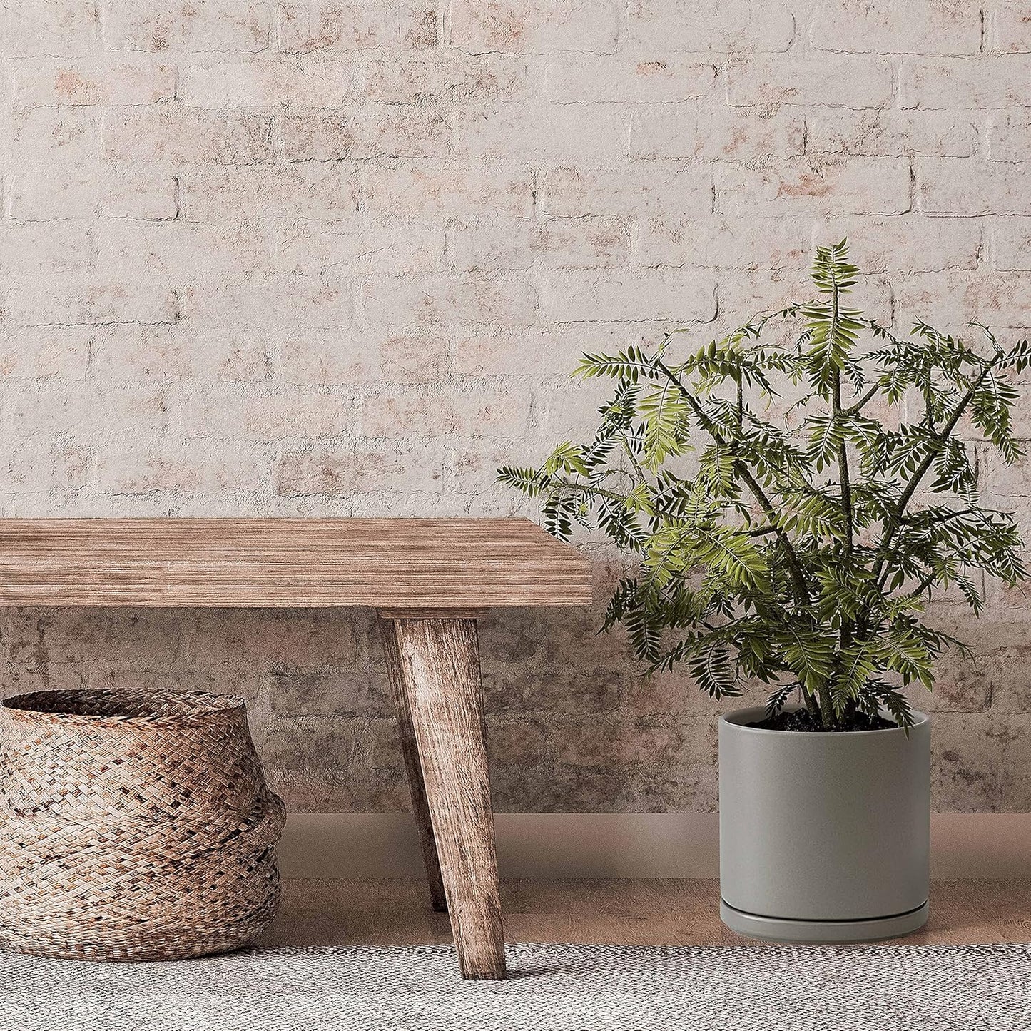 D'vine Dev 10 Inch Ceramic Planter Pot with Drainage Hole and Saucer, Indoor Cylinder Round Planter Pot, Grey, 94-O-E-3