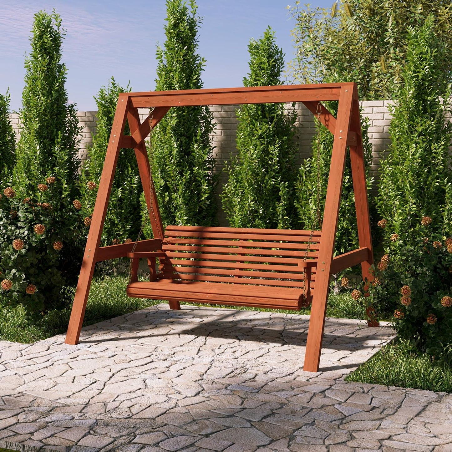 Amish Casual 4 Foot Roll Back Swing with A-Frame Stand in Cedar - Freestanding Wood Porch Swing for Patio, Yard or Garden