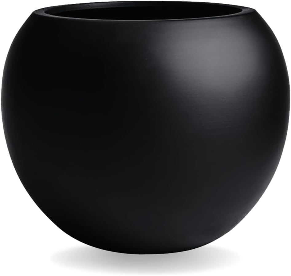12.8" H x 16" D Globo Fiberstone Round Planter with Drainage Hole, Weather Resistant, Smooth Finish, Planters for Indoor Plants & Outdoor, 2 Extra Coco Mats (Black, 10.7" Pot Opening)