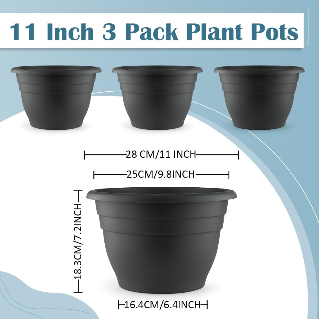 3 Pack 11 Inch Plant Pots with Drainage Hole and Plug, Durable Plastic Flower Pots for Indoor & Outdoor Plants, Elegant Mordern Plant Pots Perfect for Herbs, Flowers & Succulents, Gray
