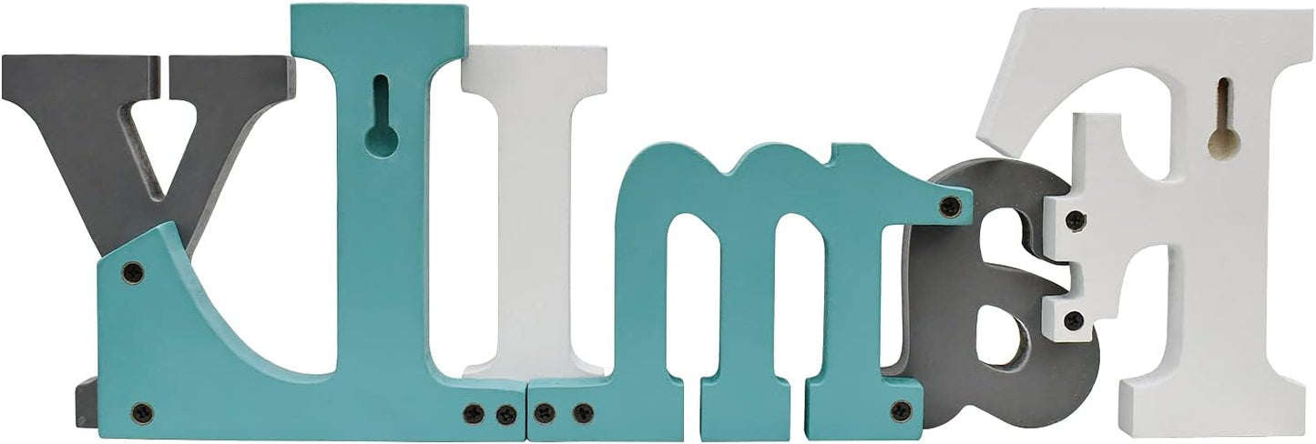 E-view Wooden Letters Sign Decorative Wood Block Signs Freestanding Word Cutout Distressed Teal Sign for Shelf Table Mantle Hanging Ornament Rustic Home Decor (Family)