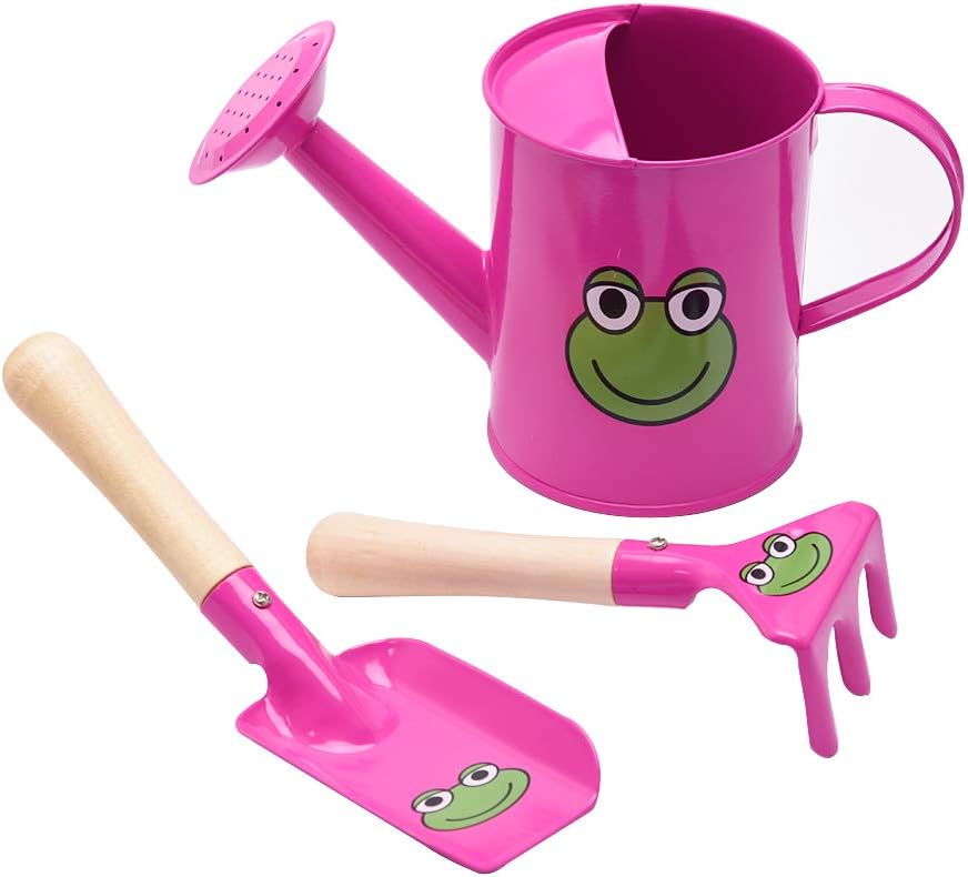 Sungmor Small Watering Can Set Cute Little Gardener Kit | Package Includes 3PC Rose Red Frog Watering Can & Trowel & Rake Gardening Hand Tools | Perfect for Garden,Yard or Beach