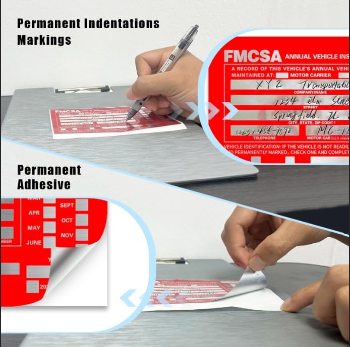 Goldenfox DOT Inspection Forms and Stickers,50-Pack,3-Ply Carbonless Annual Vehicle Inspection Report Form(8.5" x 11.75) with Red Exterior Aluminum Inspection Label(6"x3.5"), Permanent Adhesive.