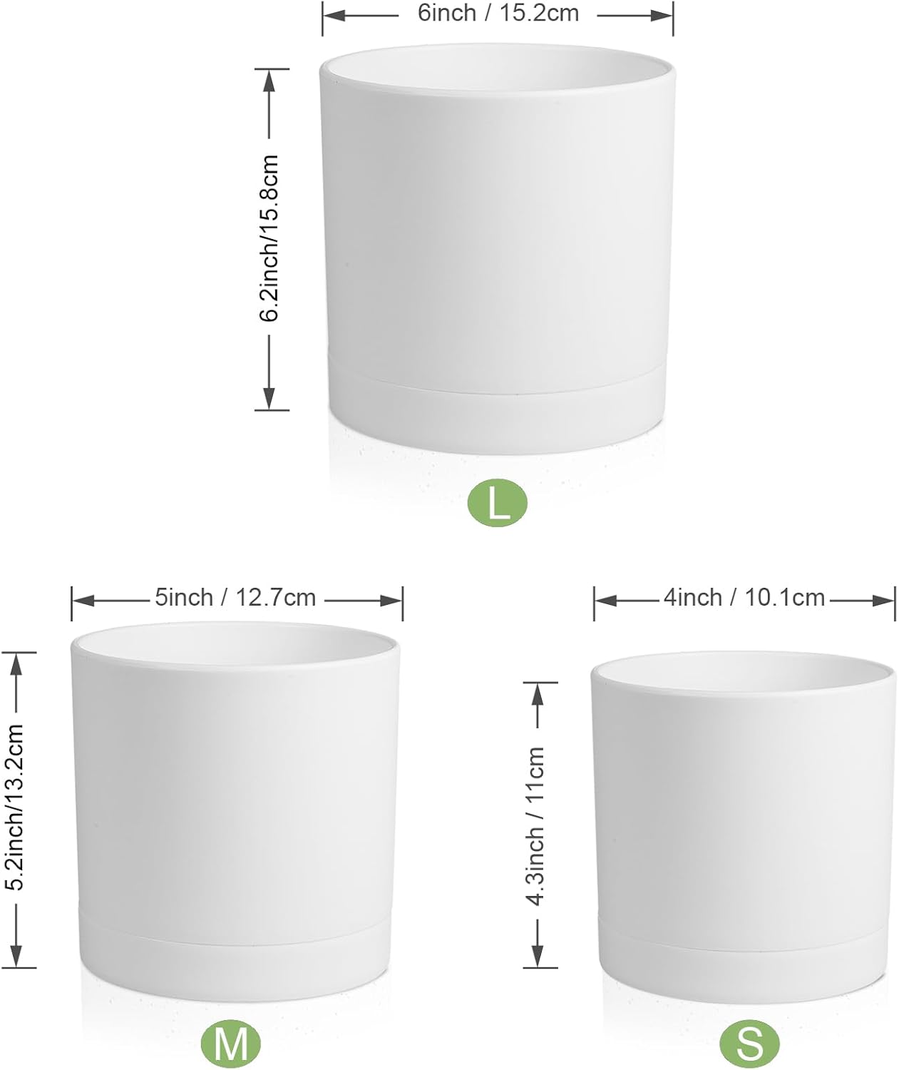 6/5/4 inch Flower Pots, Pack of 3 Cylinder Plant Pots for Small Indoor Outdoor Plants, Plastic Planters with Drainage Holes and Saucers for Garden Succulent Nursery House Plants, White