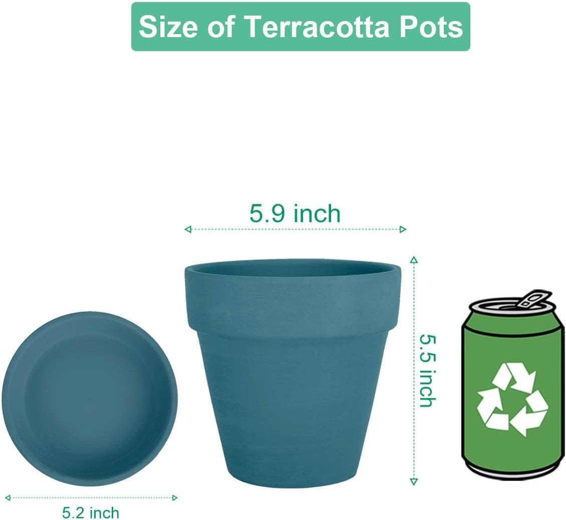 vensovo 6 Inch Steel Blue Terracotta & Clay Pots for Plant with Saucer - 4 Pack Medium Terra Cotta Planter with Drainage Hole, Flowerpot for Indoor Outdoor Plants, Crafts, Wedding Favor