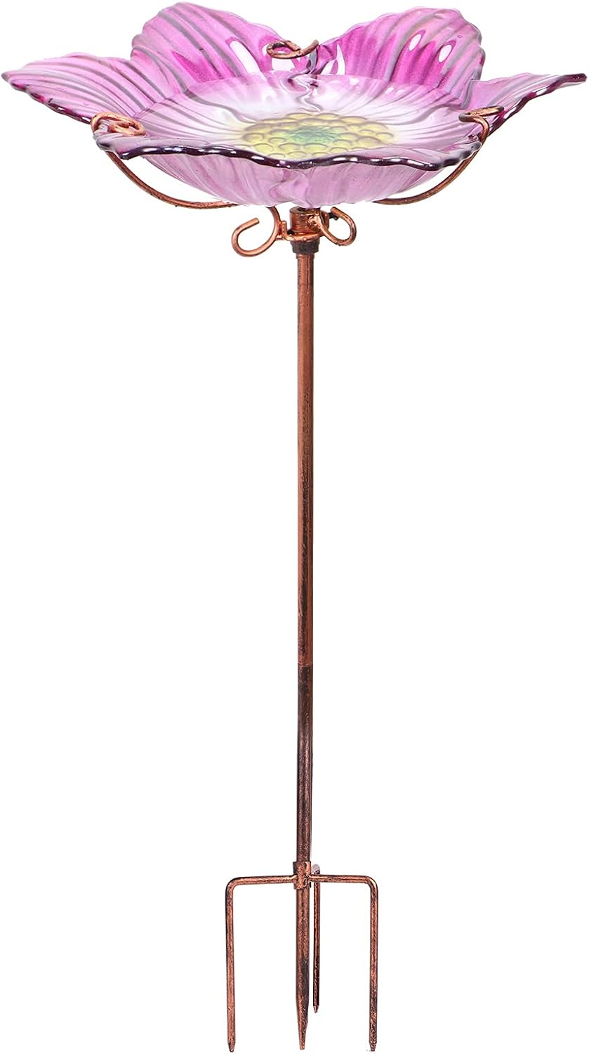 Outdoor Bird Bath Glass Birdbath Garden Birdfeeder with Metal Stake Pink(Height:26inch)