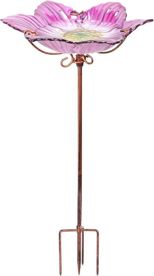 Outdoor Bird Bath Glass Birdbath Garden Birdfeeder with Metal Stake Pink(Height:26inch)