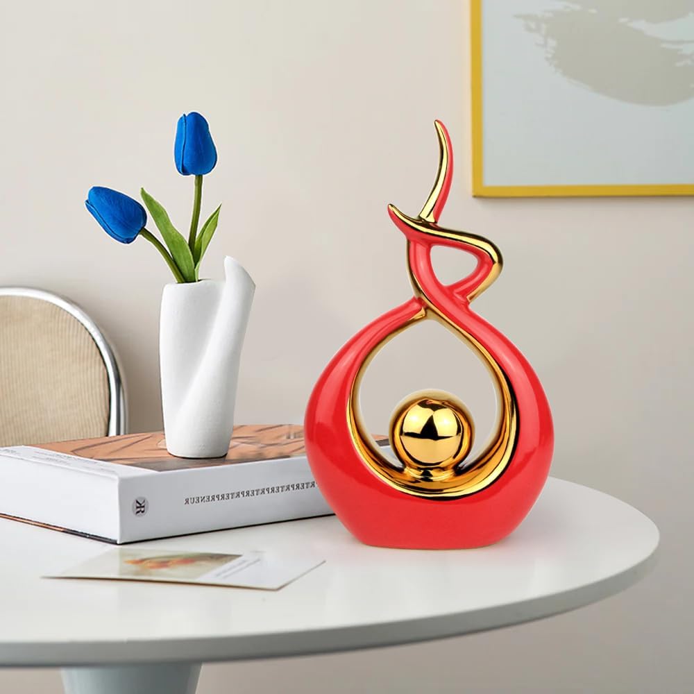 Norrclp Home Decor Modern Abstract Art Ceramic Statue Table Decorations for Dining Room Living Room Office Centerpiece (Red and Gold, Small)