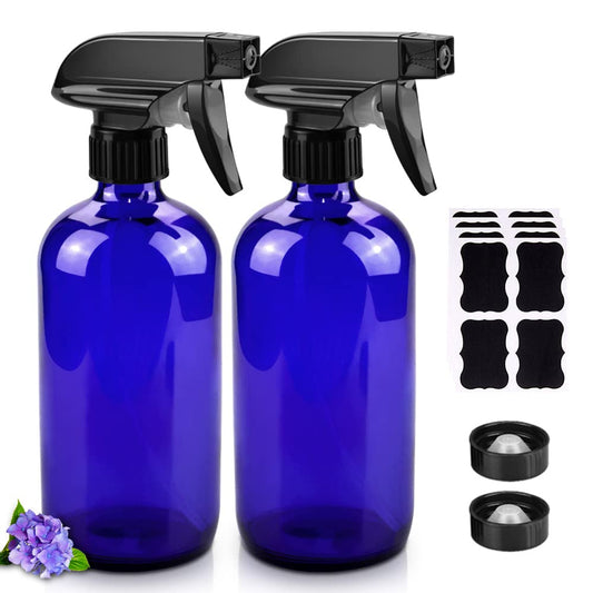 Glass Spray Bottles, 16oz Refillable Containers, Empty Boston Round Bottles with Labels & Adjustable Nozzle for Cleaning, Gardening, Aromatherapy, Pets, Plant, Hair -Blue (2 Pack)