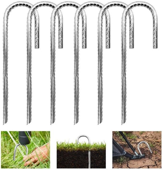 6 Pack Garden Rebar Stakes 3/8" High Thick J Hook Heavy Duty Galvanized Steel Ground Anchors Chain Link Fence Stakes for Chain Link Fence, Trampoline,Camping Tent(White)