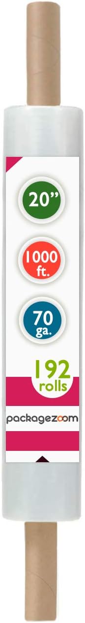 20 inch x 1000 Feet Stretch Wrap Extended Core Handle, Clear Stretch Film, 192 Rolls