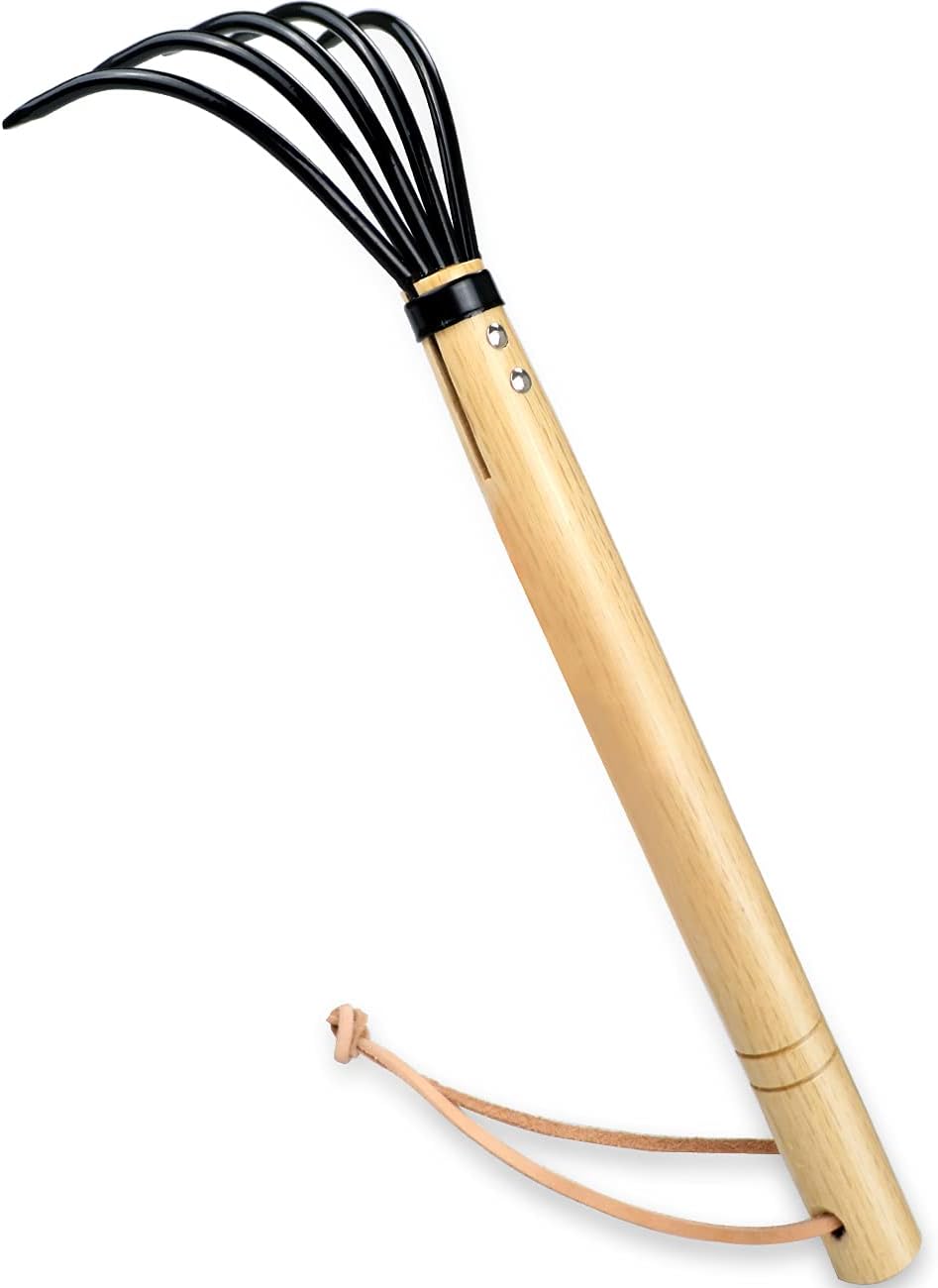 15" Gardeners Claw Rake | Military Grade Steel 6 Tines and Prime Wood Japanese Ninja Claw Garden Rake or Cultivator for Perfect Pulverized and Aerated Soil, Ergonomic Wooden Handle for Firm Grip