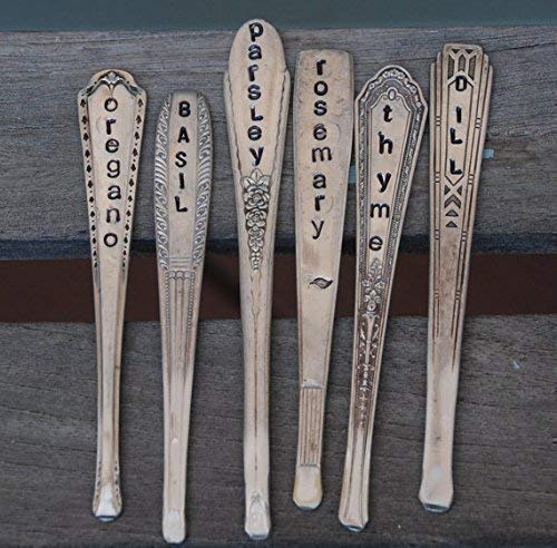 Herb Markers Set of 6 GARDEN stakes Made From Vintage Spoon Handles Oregano, Basil, Parsley, Rosemary, Thyme, Dill. Garden Markers Herb Labels
