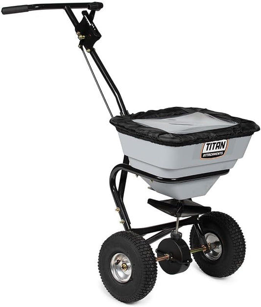 Titan Attachments 70 LB Professional Fertilizer Push Broadcast Spreader, Spreads 10 to 12 FT, Lawn Care and Ice Melter, Yard Tool