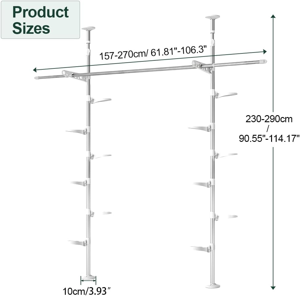 Hershii Adjustable Indoor Plant Stands Double Tension Pole Stainless Steel Flower Display Racks Holder Corner Storage Shelves with 12 Trays, 2 Hooks & 1 Telescopic Clothes Drying Hanging Rod - Ivory