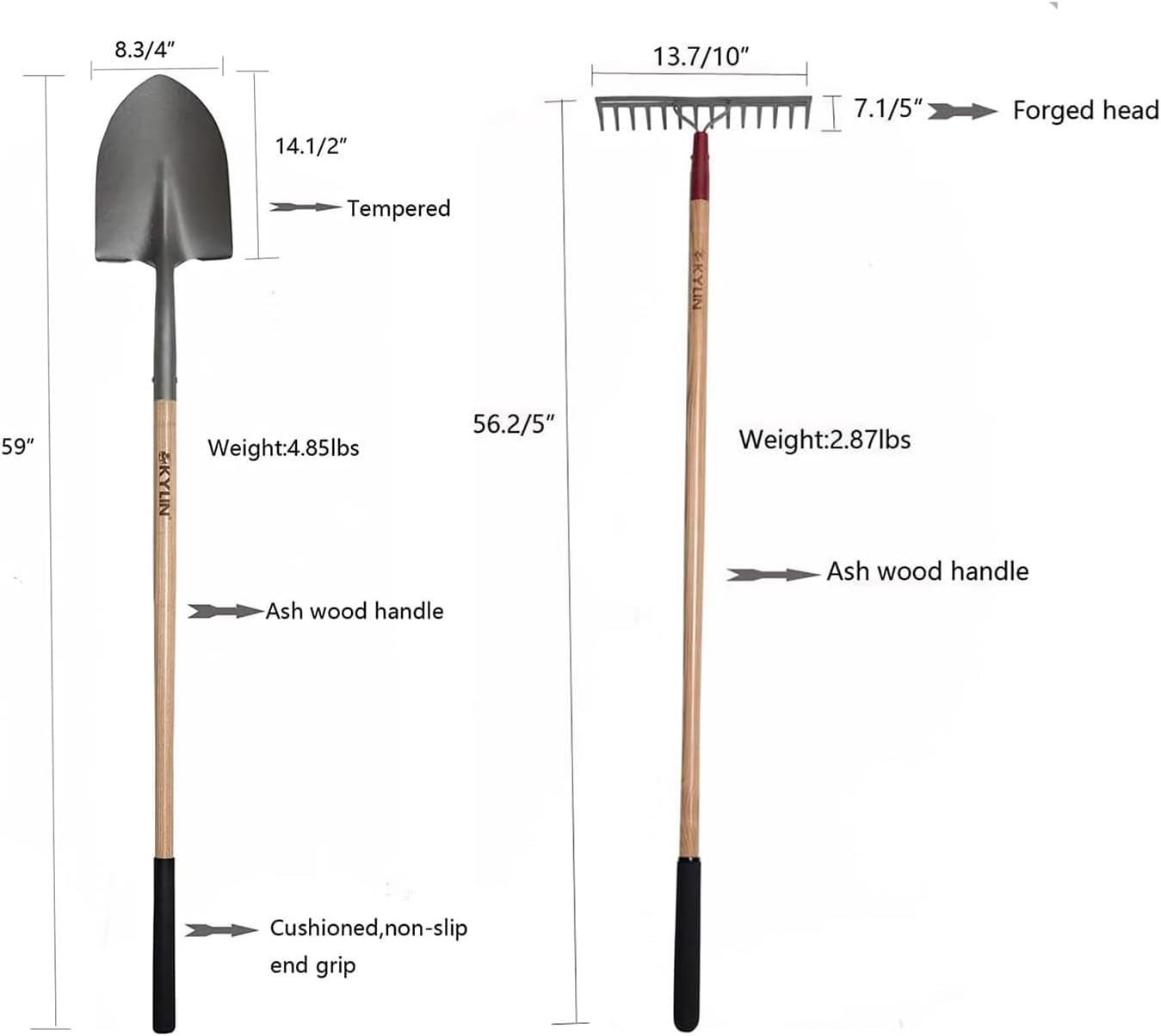 KYLIN 6-Piece Pro Long Ash Handle Garden Tools Set for Landscaping Agricture or Backyard,14-Gauge Shovels,Forged Rakes,Forged Weeding Hoe Sidewalk Scraper,