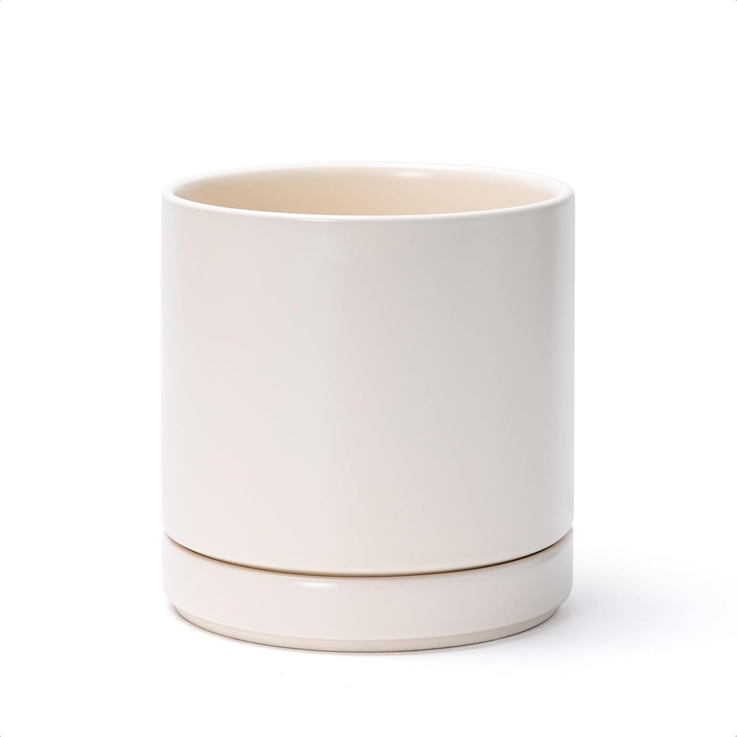 D'vine Dev 6.5 Inch Ceramic Planter Pot with Drainage Hole and Saucer, Indoor Cylinder Round Planter Pot, Oatmeal, 94-O-C-8