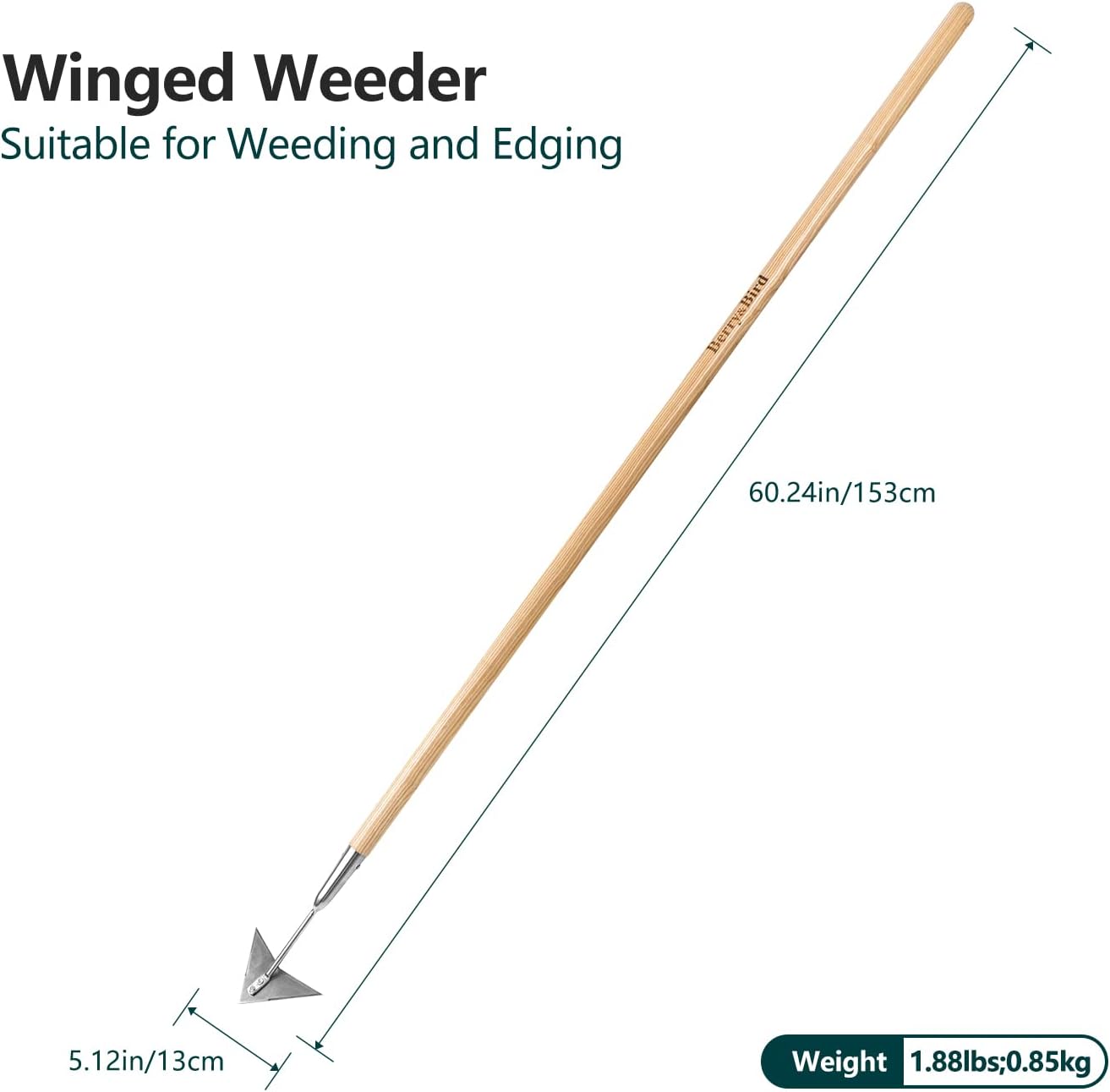 Berry&Bird Triangle Hoe, 60'' Winged Weeder Garden Hoes with Long Wood Handle, Gardener Stainless Steel Warren Hoe, Garden Weeder Hoe Tool for Quickly Weeding, Edging and Gardening Tools