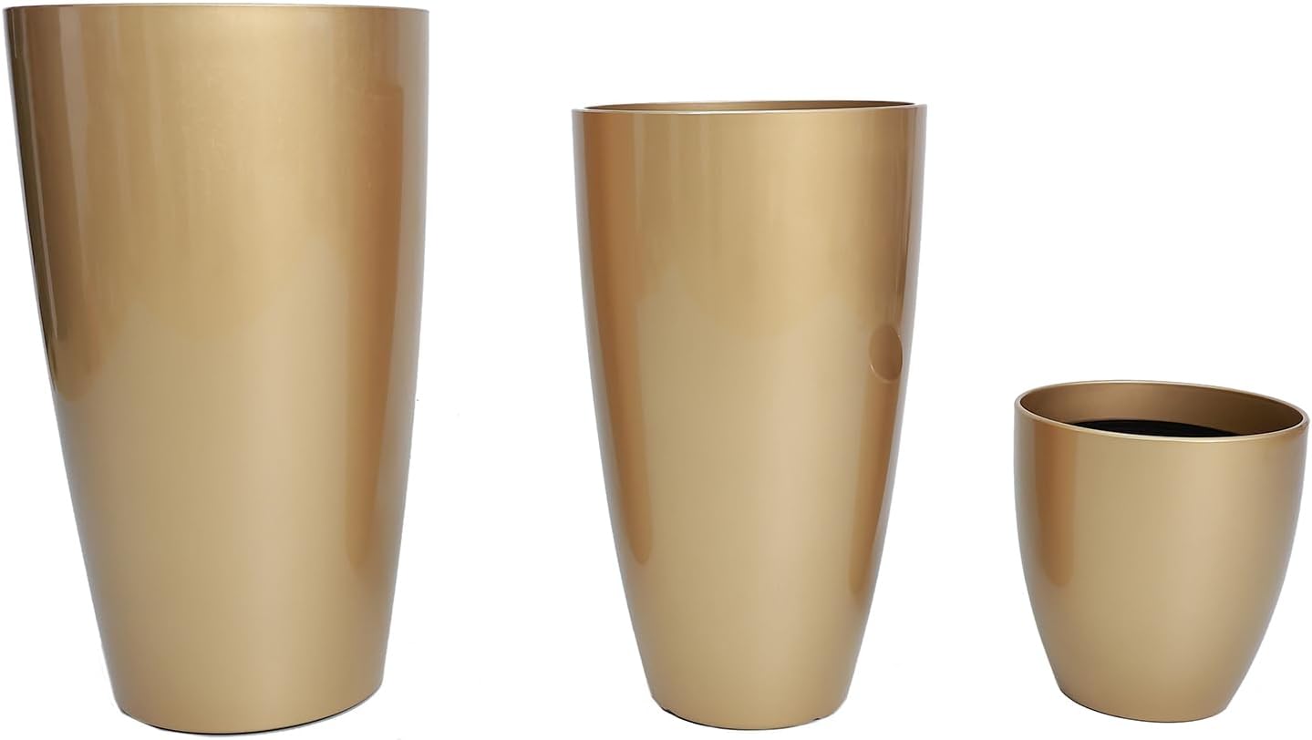 24,21,11 Inch Large Plastic Planters with Drainage Hole and Saucer - Set of 3 Tall Plant Pots Indoor Flower Pot Tall Round Planters Outdoor Large Tall Planter