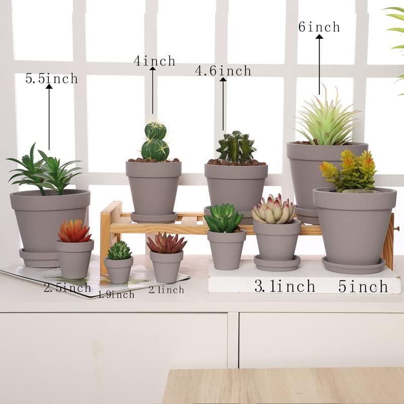 Grey Terra Cotta Pots with Saucer - 6-Pack Small 4'' Clay Ceramic Pottery Planter for Cactus, Flowers, Succulents - Drainage Hole, Great for Plants, DIY Craft Projects