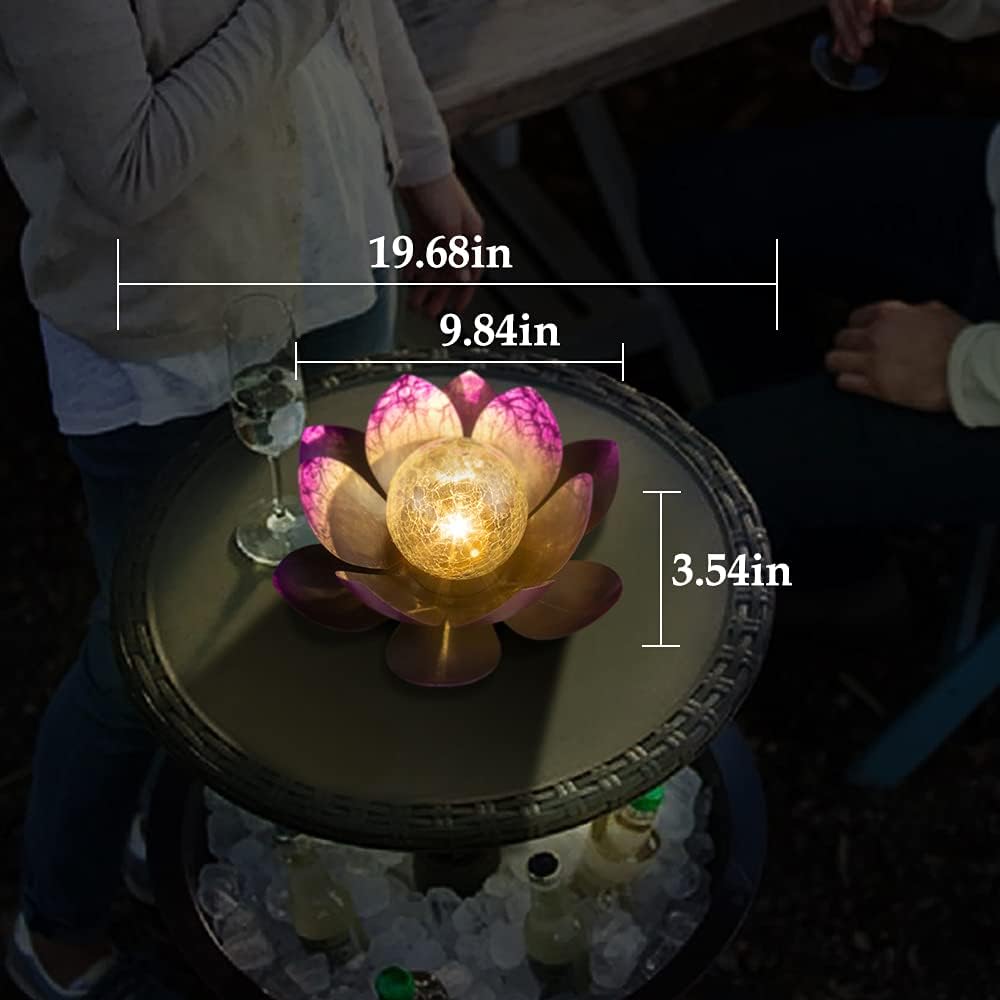 Huaxu Solar Lights Outdoor Decor Purple Lotus Waterproof LED Crackle Globe Glass Metal Flower Decorations for Garden Patio Yard Porch Pathway Ground Tabletop